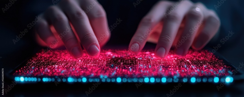 Poster digital interaction hands typing on a glowing device tech environment close-up view modern concept