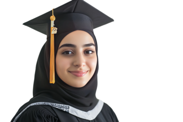 young woman in graduation gown isolated on transparent background