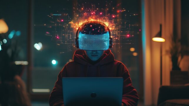 Student engages in virtual learning with AI support in a modern study environment during the evening