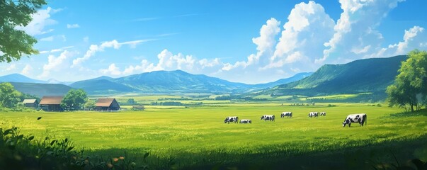 A picturesque scenic view of cows grazing on a green pasture