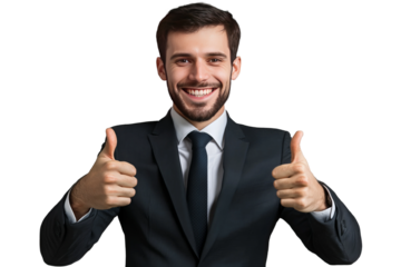 Happy businessman showing thumbs up, smiling nicely, isolated on transparent background