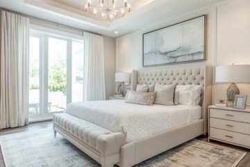 Fototapeta premium A luxurious master bedroom with a king-size bed, soft neutral palette, elegant lighting fixtures, and a stylish accent wall