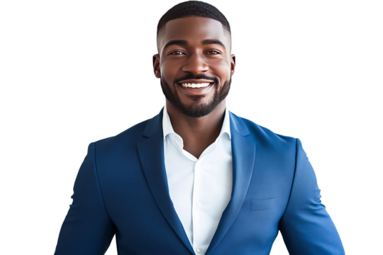 Happy smiling African American man in blue suit, front view, isolated on transparent background