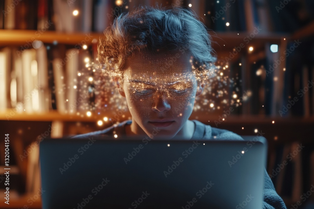 Aufkleber student engages with ai in virtual learning environment, showcasing focus and creativity amidst know