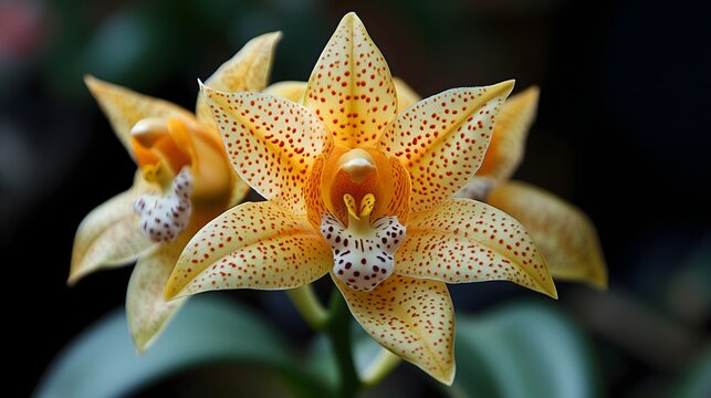 Close-up of a vibrant blooming orchid showcasing intricate yellow and red patterns in a serene indoor garden setting