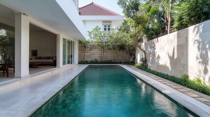 Luxury Poolside Villa: A stunning view of a modern villa with a serene swimming pool, offering a tranquil escape surrounded by lush greenery and contemporary architecture.