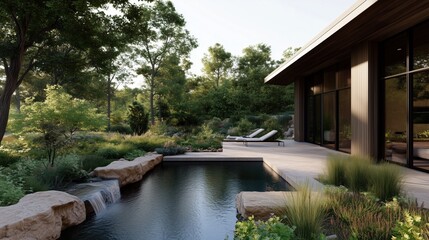 Serene Poolside Retreat: An architectural marvel featuring a sleek pool and inviting lounge chairs, surrounded by lush greenery and a harmonious blend of nature and contemporary design.