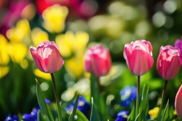 Obraz premium Pink tulips blooming in a colorful spring garden