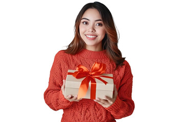 a filipino woman holding a box wrapped in ribbon, she's wearing a red orange sweater. she is posing candidly and smiling. plain white background