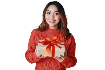 a filipino woman holding a box wrapped in ribbon, she's wearing a red orange sweater. she is posing candidly and smiling. plain white background