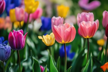 Fototapeta premium Colorful tulips blooming in a garden during spring season