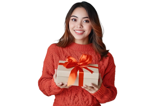 a filipino woman holding a box wrapped in ribbon, she's wearing a red orange sweater. she is posing candidly and smiling. plain white background