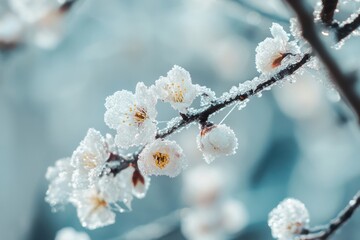 Frozen flowers of a cherry tree during an unexpected snowfall in spring