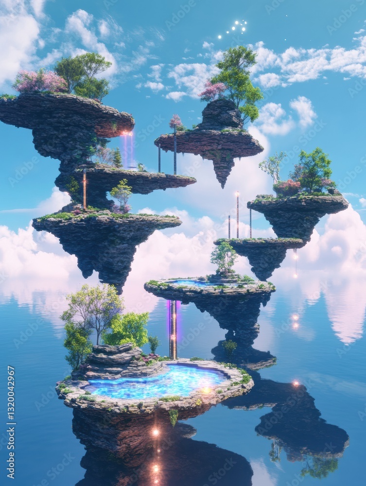 Aufkleber floating islands surrounded by portals leading to diverse virtual worlds representing the endless po