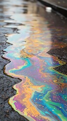 Obraz premium Iridescent oil spill on dark asphalt