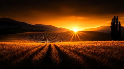 Golden Sunrise over Wheat Field