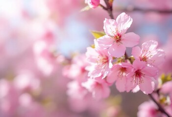 Beautiful pink cherry blossoms blooming on a sunny spring day