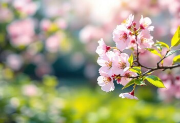 Obraz premium Beautiful cherry blossom blooming in spring season with sunlight background