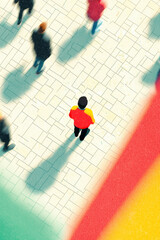 Aerial View of a Solitary Figure in a Red and Yellow Jacket Standing Among Blurry Passersby