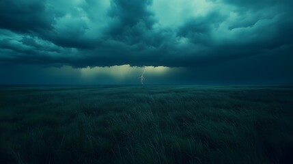 Fototapeta premium Dramatic thunderstorm unleashes lightning over vast prairie landscape at dusk