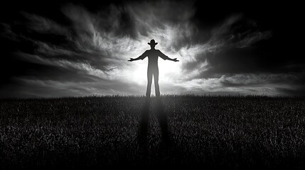 Man Silhouette for Sunset Hope, Field.