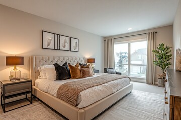 Fototapeta premium A luxurious master bedroom with a king-size bed, soft neutral palette, elegant lighting fixtures, and a stylish accent wall