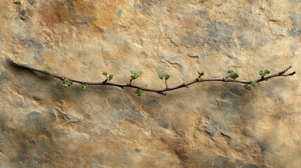 A small branch displays tiny green leaves against a textured rock