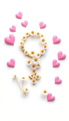 Fototapeta premium Golden Female Gender Symbol White Daisies Pink Hearts