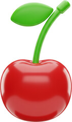 Shiny Red Cherry with Green Stem and Leaf 3D Rendered Fruit Illustration