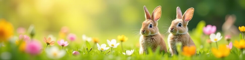 Obraz premium Adorable bunnies with spring bouquets in vibrant meadow, pet photography, sunshine