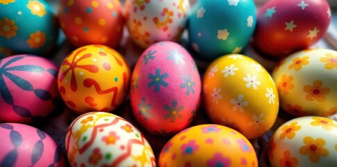 Brightly colored eggs, various patterns, close-up , rainbow, spring, multicolored