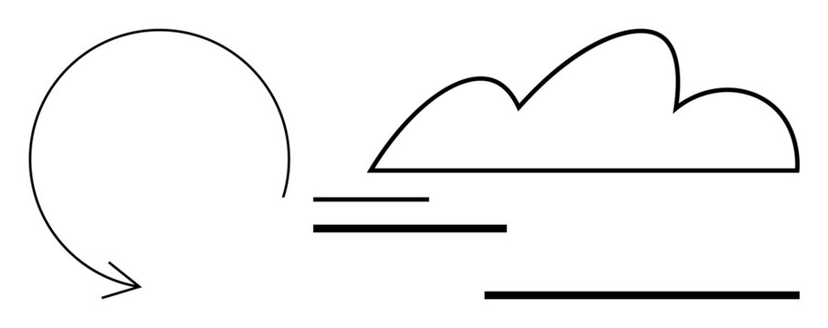 Circular arrow connects with clouds and parallel lines, symbolizing process, flow, or transition. Ideal for transformation, progress, growth, sustainability, cycles innovation flat simple metaphor