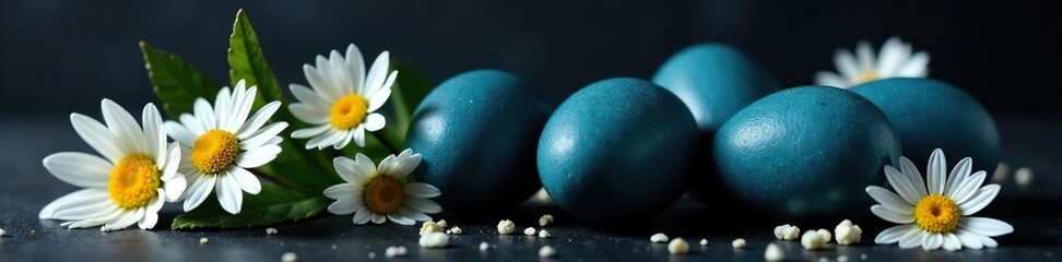 Fototapeta premium Deep blue eggs, white daisies, stark black backdrop , decoration, daisy, background