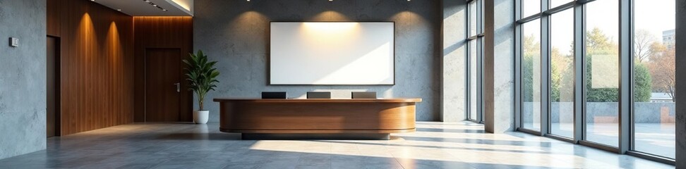 Fototapeta premium Sleek gray lobby, modern meeting room, motivational poster , grey, modern