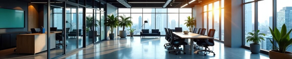 Fototapeta premium Spacious open plan office, glass-walled meeting area, view, windows