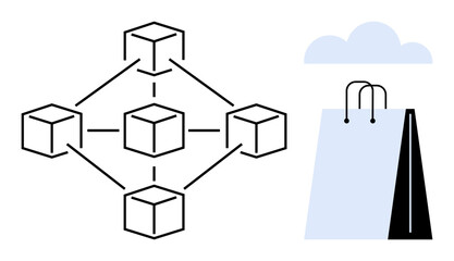 Obraz premium Blockchain nodes interconnected in a network next to a shopping bag under a cloud. Ideal for blockchain, e-commerce, online shopping, supply chain, cloud storage, tech innovation, flat simple