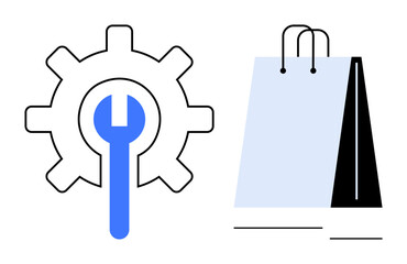 Gear with wrench symbolizes maintenance and tools beside a shopping bag for online commerce. Ideal for e-commerce, retail, support services, system setup, business, marketing, flat simple metaphor