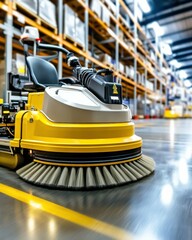 Autonomous scrubber polishing a warehouse loading dock, motion blur of rotating brushes, efficiency in action