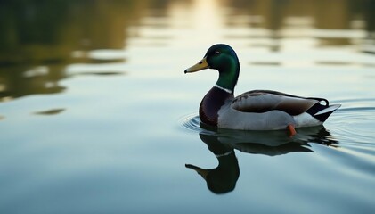 Obraz premium Serene duck afloat, mirror-like water reflecting tranquil sky, landscape, calm, outdoor