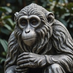 A beautifully sculpted marble statue of a monkey in a thoughtful pose