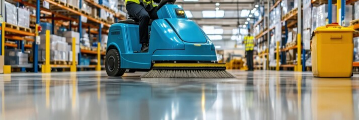 Cleaning crew using a ride-on floor scrubber in a distribution center, reflections on the polished floor, strong symmetry and leading lines
