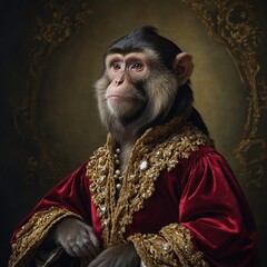 A baroque-style oil painting of a monkey in regal attire