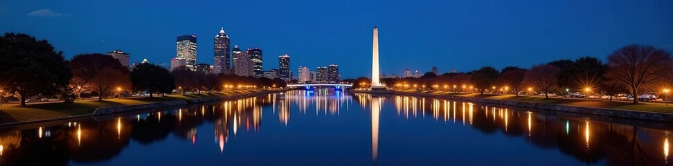 Naklejka premium Night skyline, Charles River reflections, Memorial Drive, long exposure, america, dark