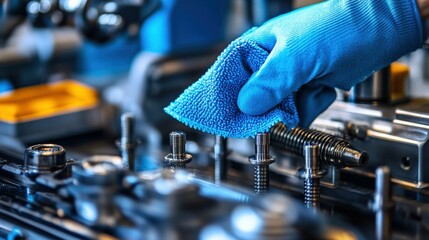 Close-up of microfiber cloth lifting grease off machine parts, sharp textures, macro shot emphasizing detail