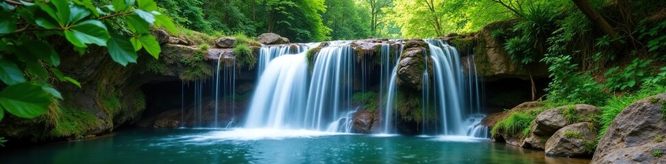 Fototapeta premium Serene waterfall cascades gently, embraced by lush greenery , natural, outdoor