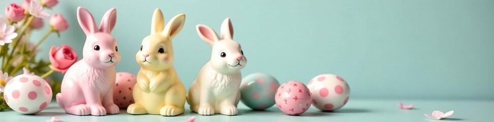 Fototapeta premium Three pastel ceramic bunnies surround patterned eggs; spring decor , yellow, decoration, home decor