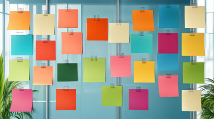 Colorful sticky notes arranged on glass wall in office space, creating vibrant and organized atmosphere