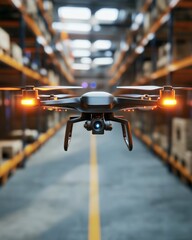Smart cleaning drone equipped with UV lights flying through a stockroom, futuristic warehouse sanitation, cinematic lighting