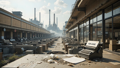 Abandoned industrial space with office furniture and typewriter