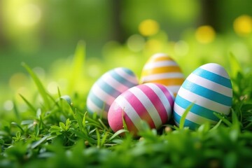 Fototapeta premium Colorful striped eggs nestled in spring grass, celebration, bunny, texture